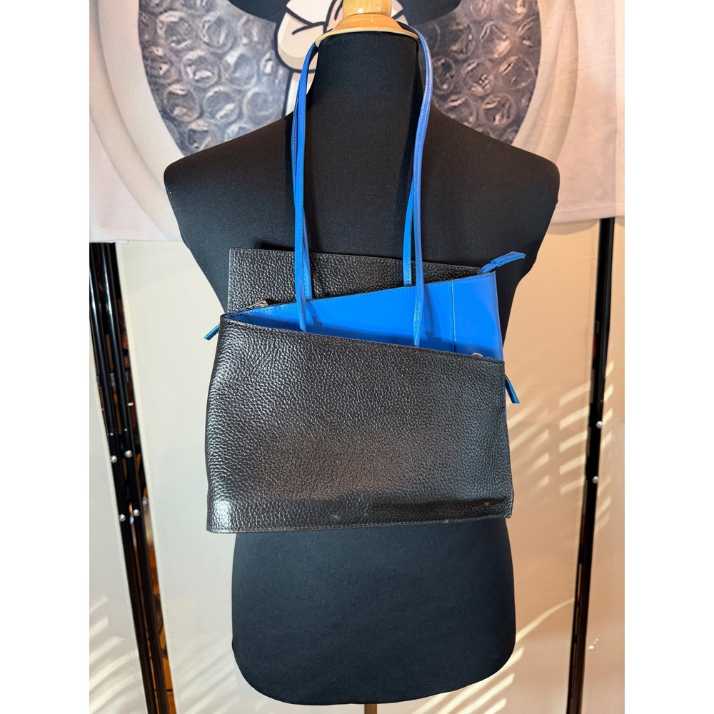 Cleo & Patel Italy Cobalt Blue & Black Leather Tote Shoulder Bag Purse